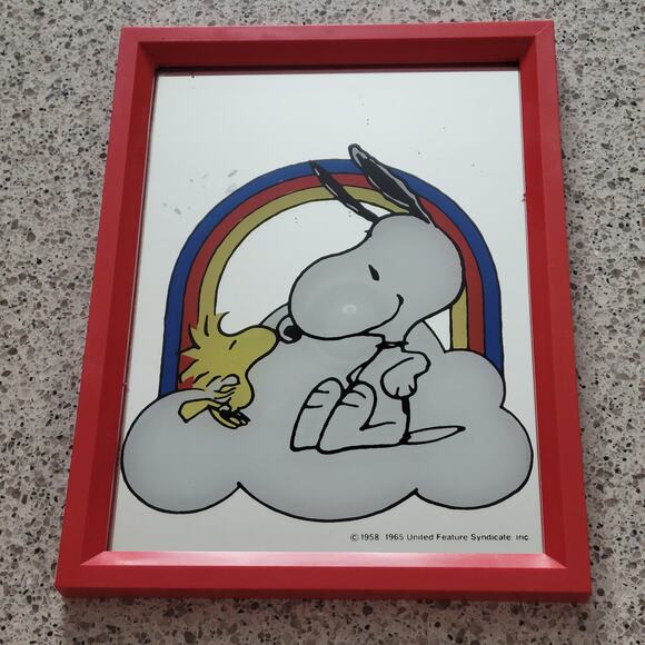 VTG Snoopy Woodstock Kissing Rainbow Cloud Mirror Red Framed Peanuts 1958 1965 - Picture 2 of 15